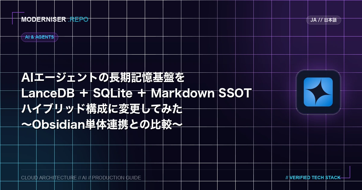 AIエージェントの長期記憶をObsidian連携から「LanceDB ＋ SQLite FTS5 ＋ Markdown SSOT」へ刷新。GUI依存・キーワード不一致・トークン消費の壁を打破したアーキテクチャ設計と移行の実践記録。