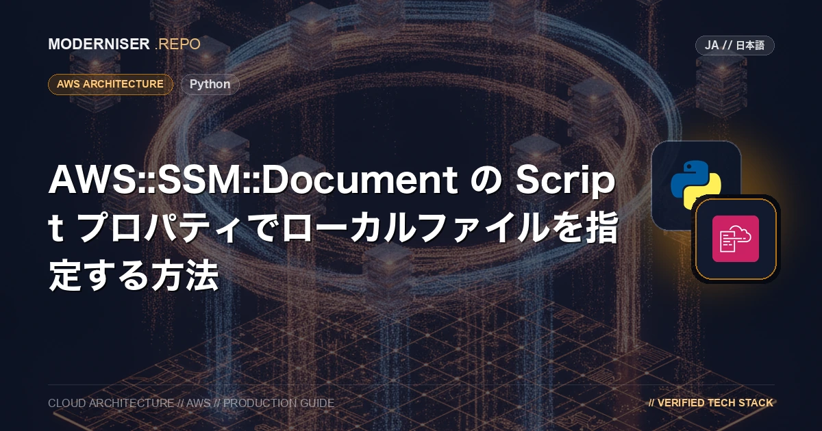 aws cloudformation package コマンドでは、AWS::SSM::Document で SSM オートメーションで利用するランブックを定義する際に利用する、aws:executeScript ステップの Script プロパティで指定するファイルを S3 にアップロードすることができません。
この処理にしばらく AWS の機能アップデート対応されていない理由として、AWS::SSM::Document に S3 バケットへ配置したスクリプトを指定するためには
格納した S3 バケットの名前、ファイル名だけでなく、チェックサムとしてハッシュ値を AWS::SSM::Document で指定する必要がある仕様になっているからだと推測します。
本記事では、AWS::SSM::Document の Script プロパティでローカルファイルをパスで指定してもデプロイできるよう
変換処理を Python で実装しましたので、その方法を紹介いたします。