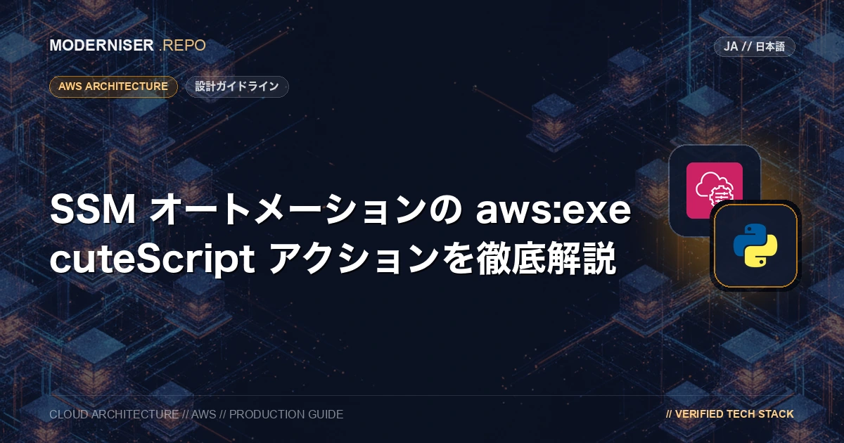 SSMオートメーションは aws:executeScript アクションを使うことで Python または PowerShell スクリプトを実行できます。
システム運用をスクリプトで自動化する場合、Lambda で定期的に処理を実行したり、スクリプトを開発してローカル実行することがよく見られますが
SSMオートメーションを利用することによって、システム運用者の権限を最小限にできたり
マネジメントコンソール上で処理の実行に必要な専用の入力欄を用意できたり、承認フェーズを設けることができたりと
システム運用に特化した機能が利用できます。
本記事ではSSMオートメーションの aws:executeScript アクションを解説いたします。