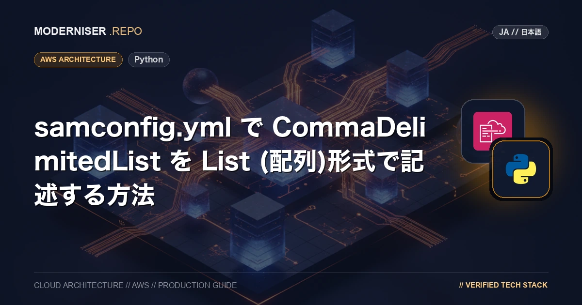 SAM CLI で samconfig.yml を利用してデプロイする際、パラメータを CommaDelimitedList Type で記述する場合、文字列で記述する必要があります。
要素数が多い場合、文字列で記述すると横長になり可読性が悪くなります。
samconfig.yml で CommaDelimitedList を配列形式で記述するため、変換処理を Python で実装しましたので、その方法を紹介いたします。